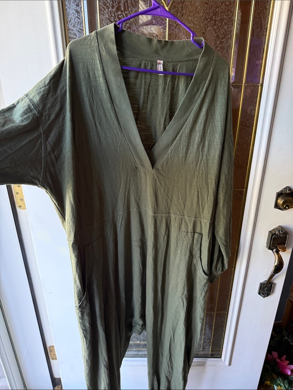 Free People Olive Green V-Neck Long-Sleeve Jumpsuit    JUST BECAUSE ONSIE! - Picture 2 of 12